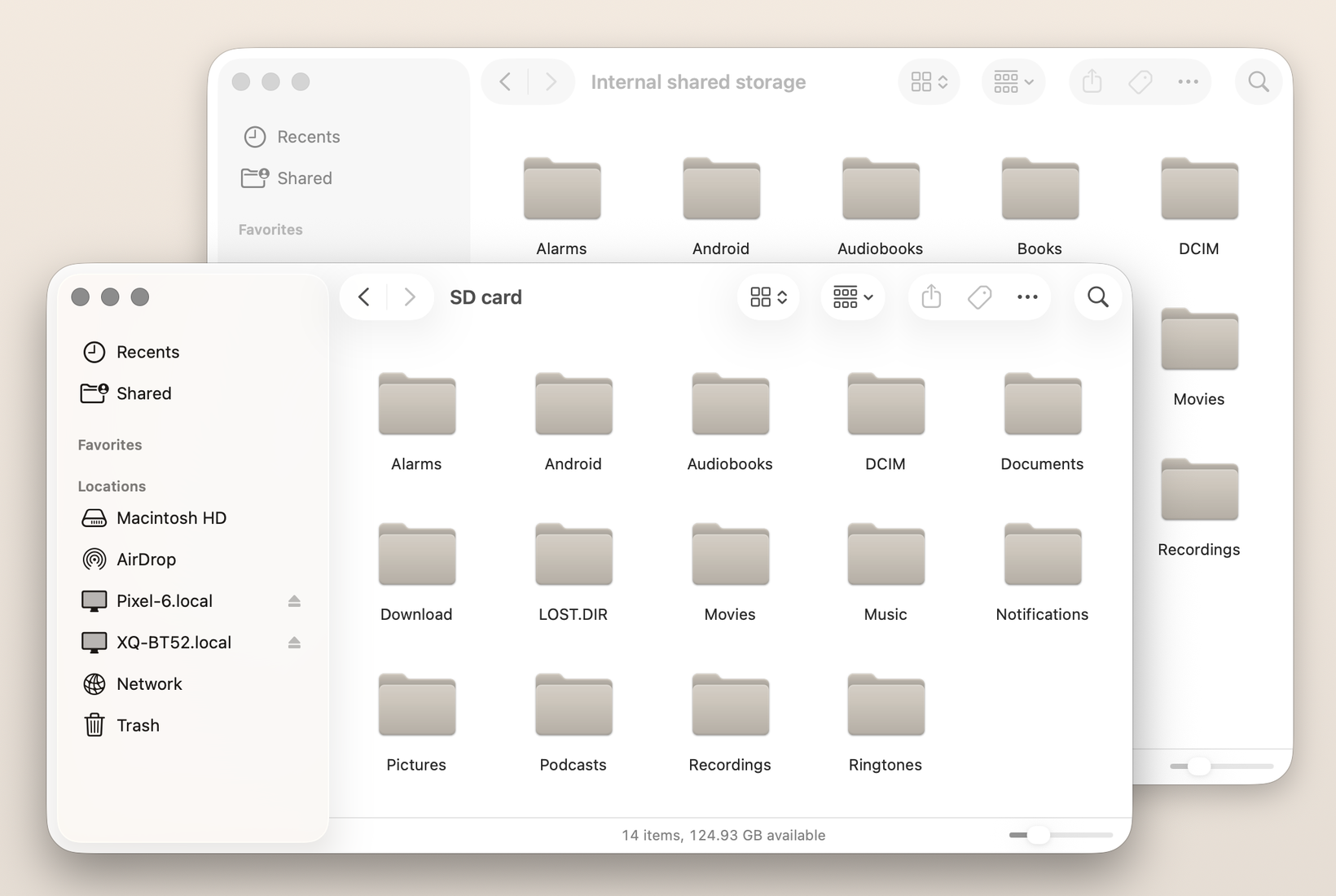 Two devices mounted at once in macOS Finder: a Pixel 6 and a Sony Xperia both listed under Locations in the sidebar; the Xperia's SD card and the phone's internal storage open in separate windows